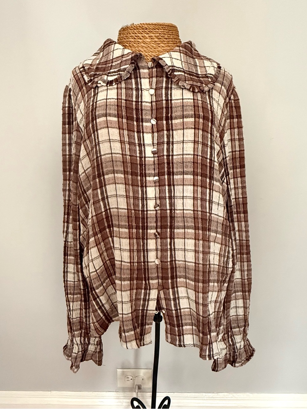 Jane and Delancey Brown and Cream Plaid Button-Down Shirt